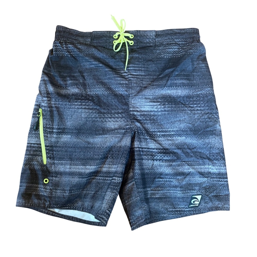 NWT Laguna Mens Board‎ Shorts Grey Black Stripe Neon Green Zipper Pocket Medium